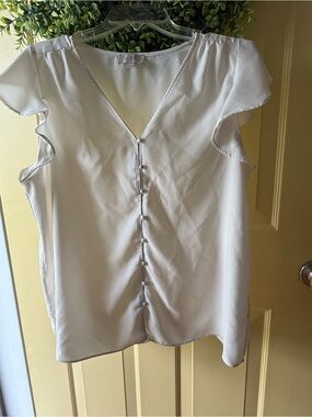 LOFT Ivory V-Neck Button-Front Flutter Sleeve Blouse